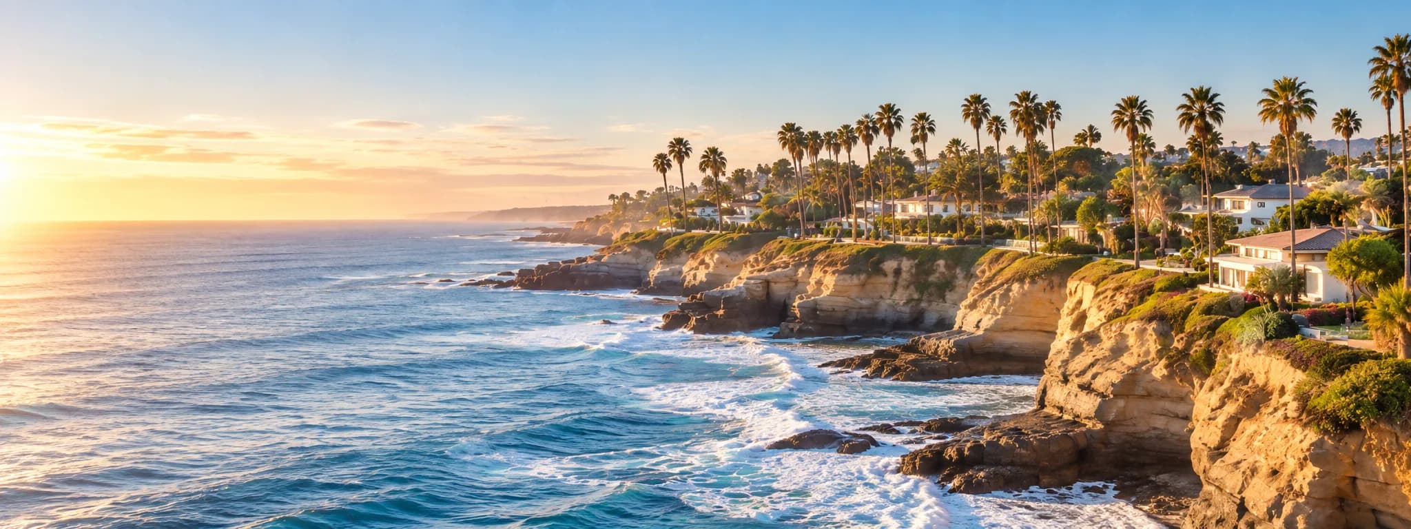 Wide cinematic view of the La Jolla coastline at golden hour, sandstone cliffs, palm trees, and coastal homes above the Pacific Ocean