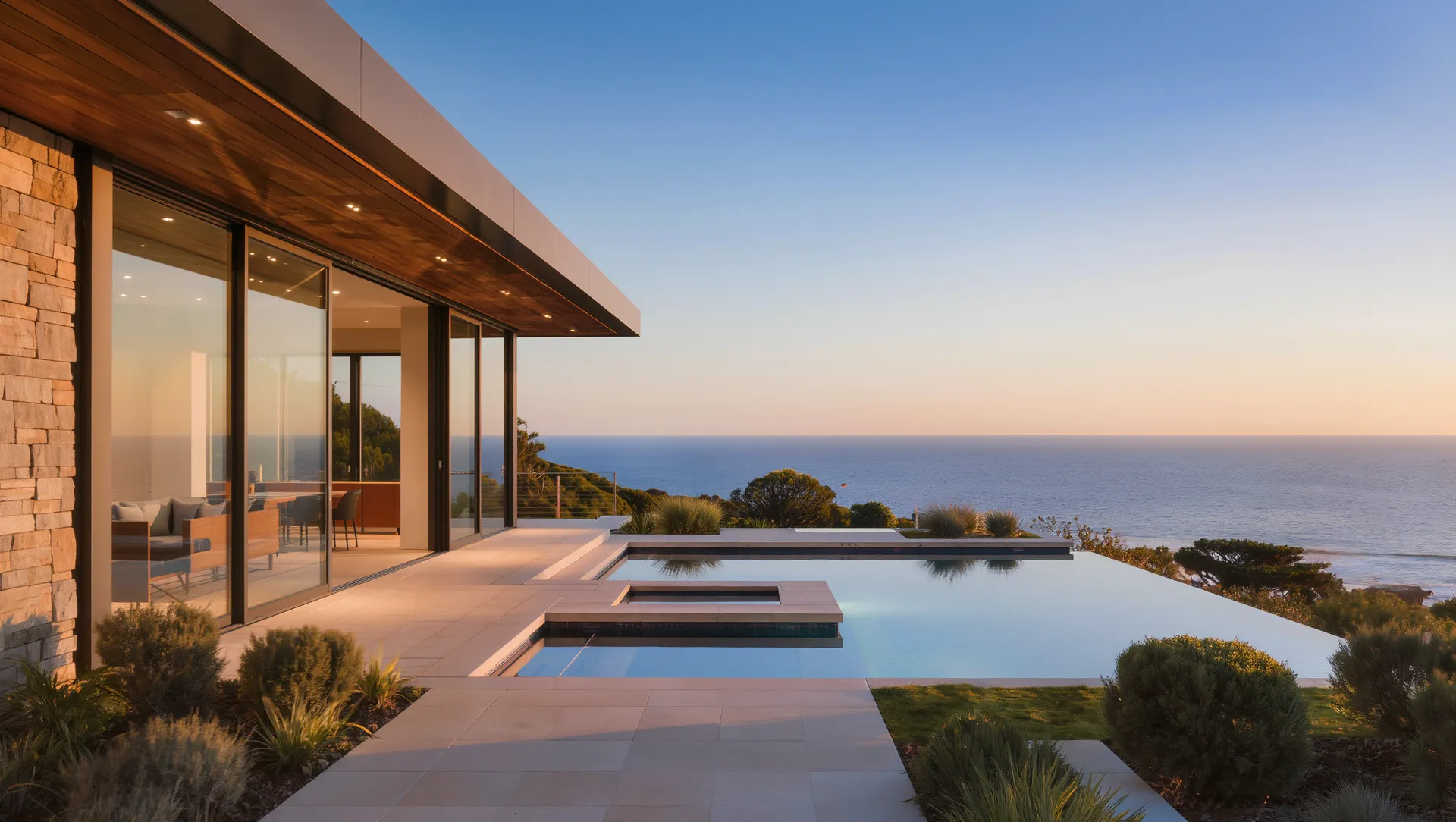 Modern luxury coastal home terrace with pool overlooking the ocean