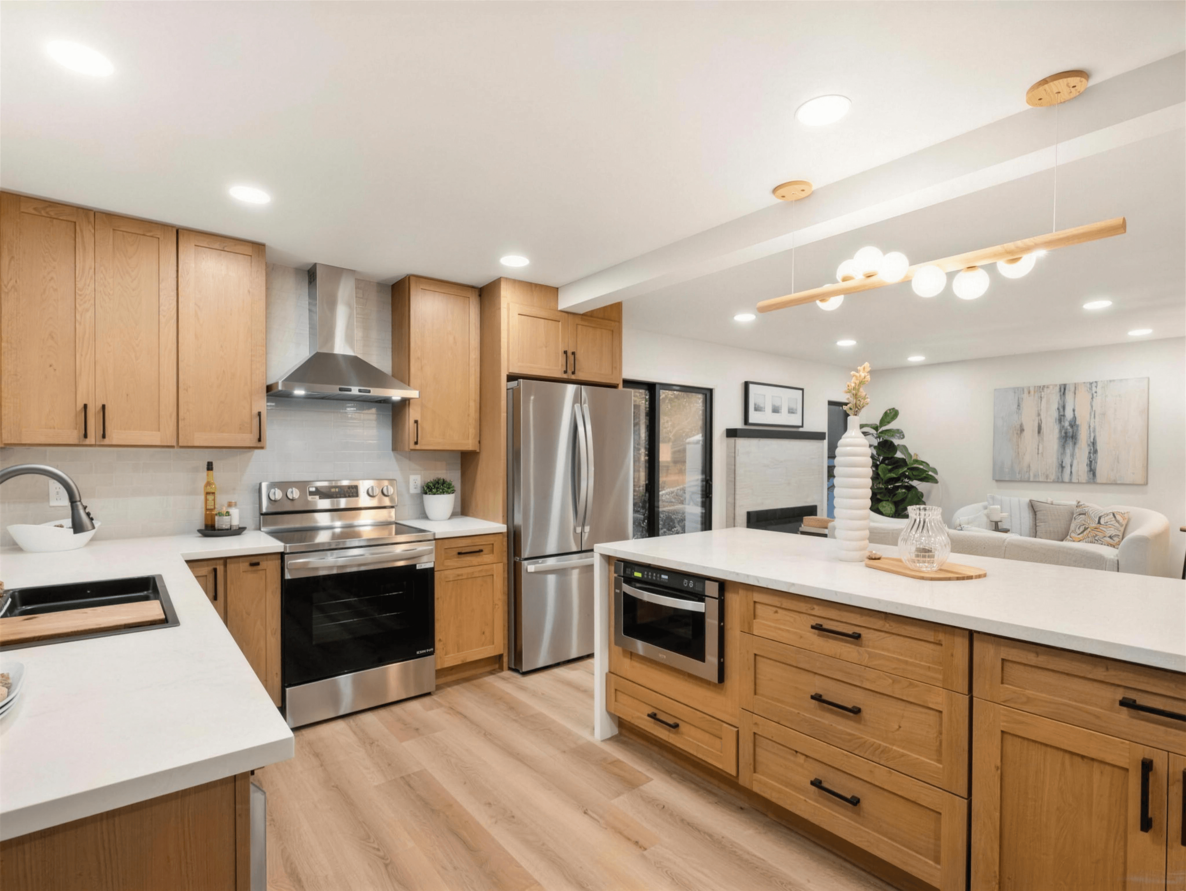 Kitchen — island, pendant lighting, and stainless appliances