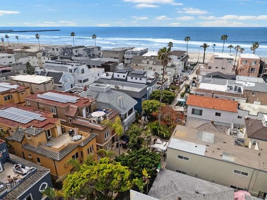 Aerial view — Mission Beach coastline and neighborhood